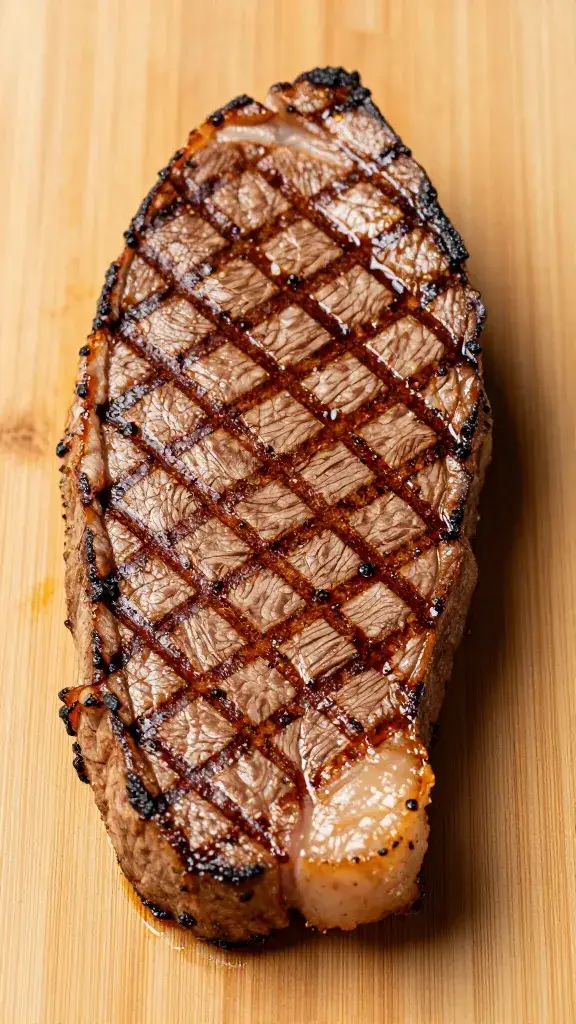 Single grilled picanha slice on board, visible grain