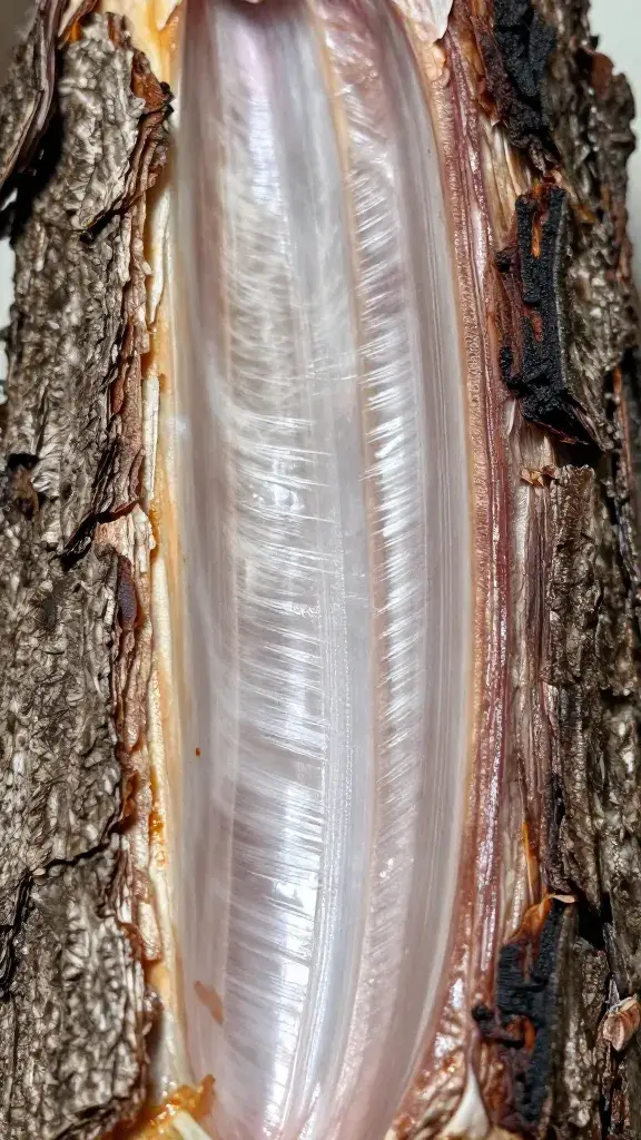 Closeup of rib bark, garlicky sheen, charred edges