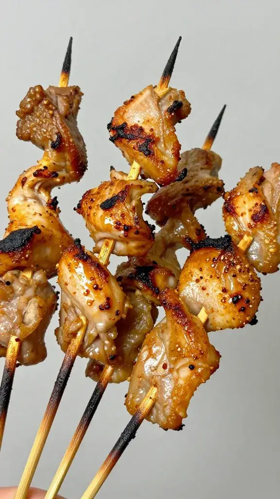 Closeup of skewered chicken satay with charred edges