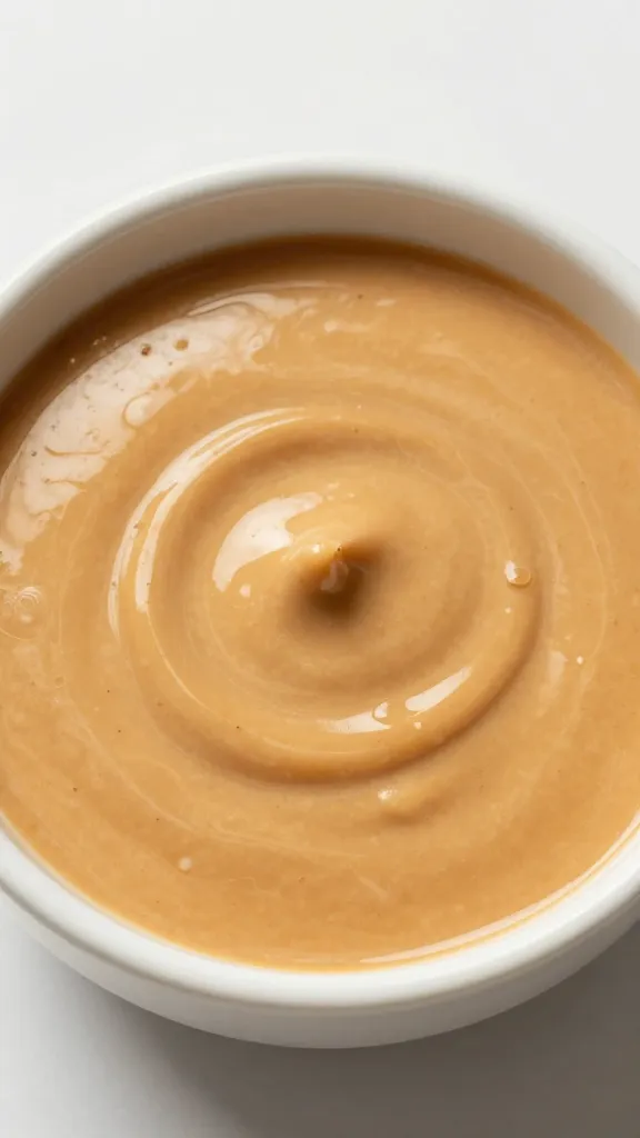 Glossy peanut sauce in a small ceramic bowl