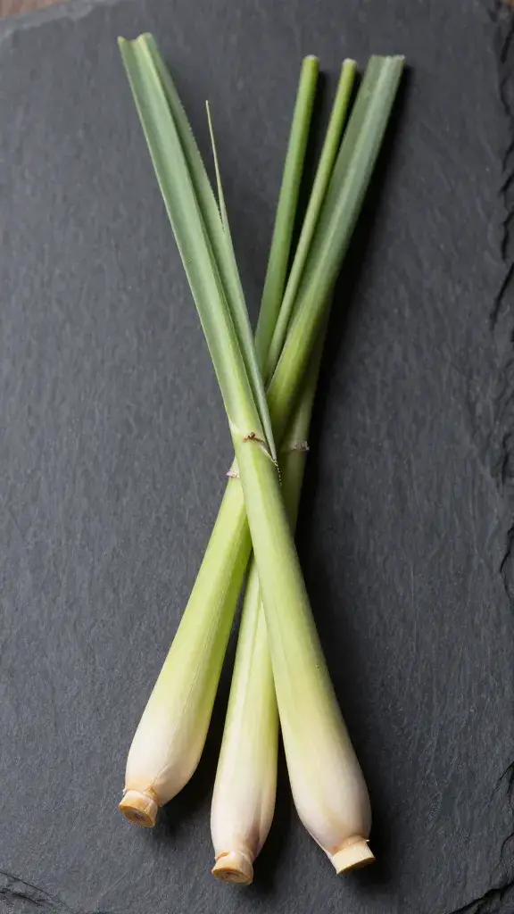 Fresh lemongrass stalk on dark slate background