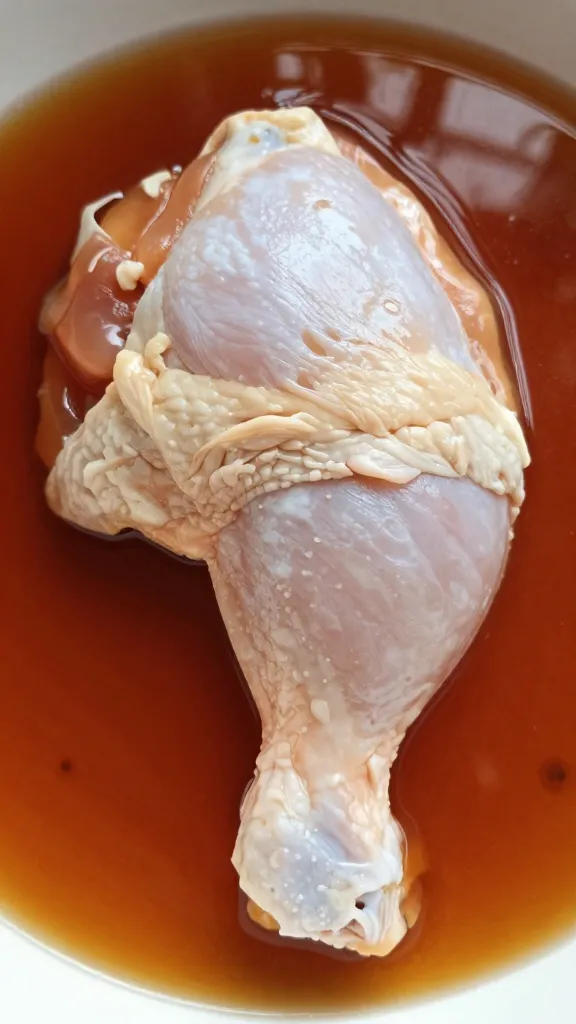 Single raw chicken thigh in marinade, top-down