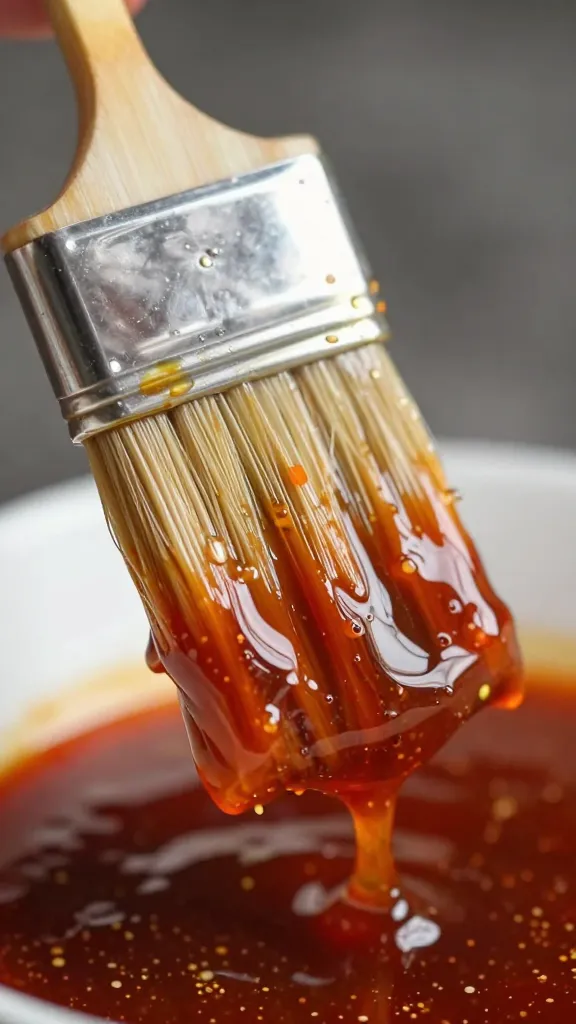 Brush glazing satay with marinade, extreme closeup