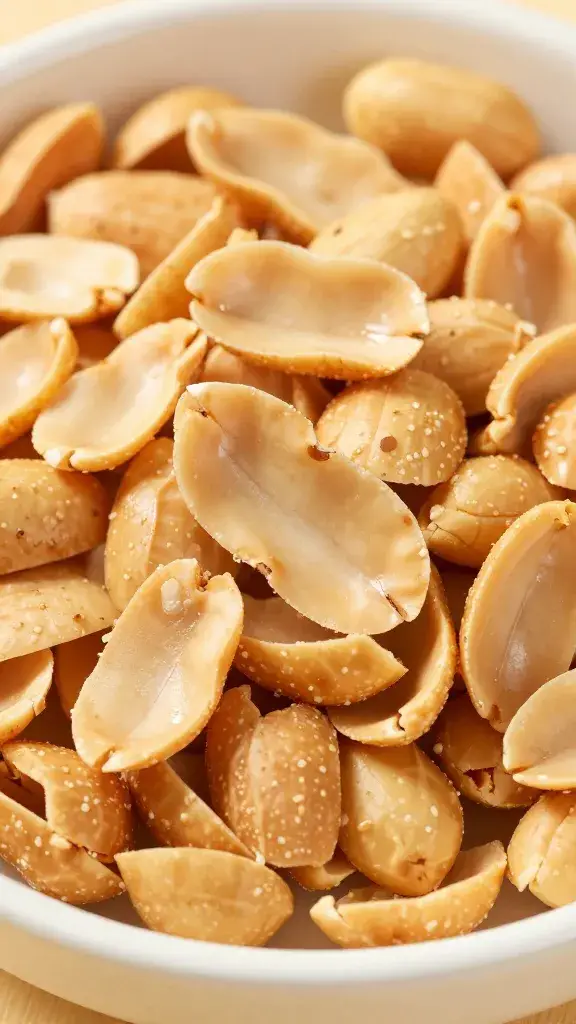 Crushed roasted peanuts in a shallow dish