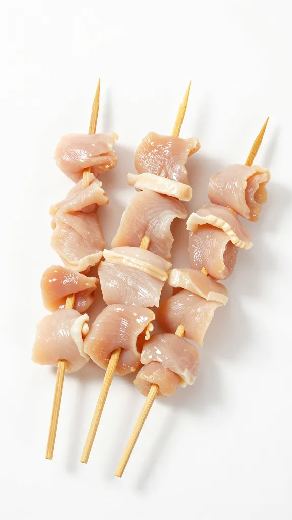 Thinly sliced chicken threaded on bamboo skewer