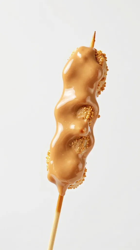 Dripping peanut sauce on a single satay piece