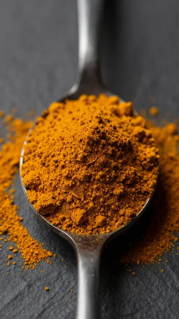 Ground turmeric mound on black spoon, macro