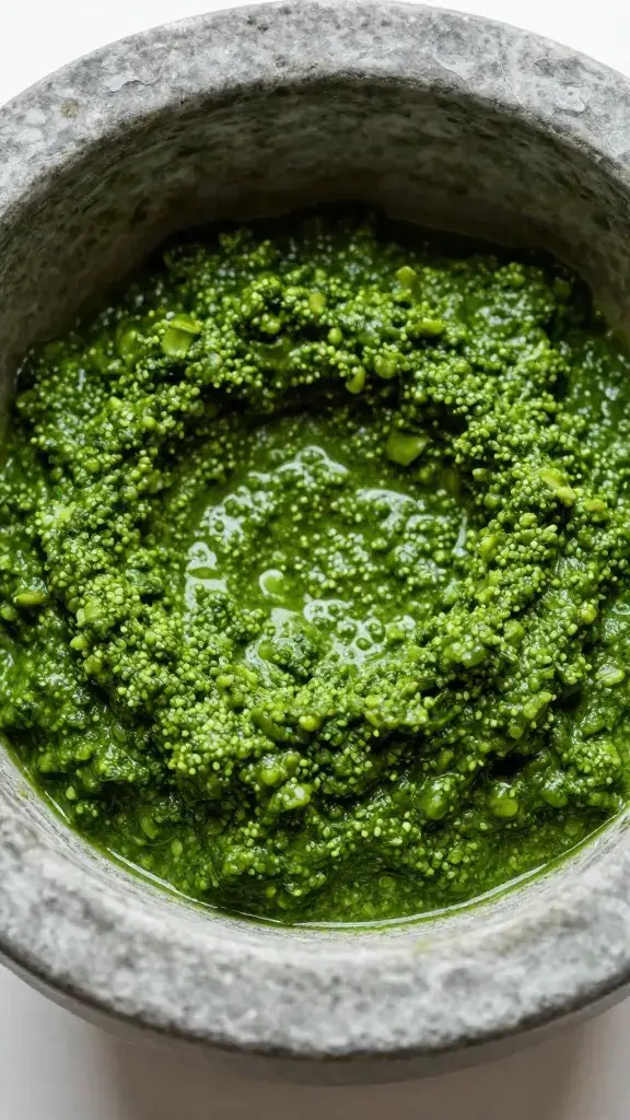 closeup bowl of vibrant green chermoula in mortar