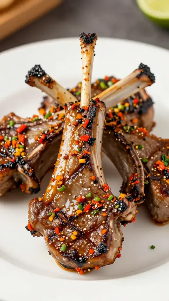 grilled lamb chop brushed with chermoula, shallow depth