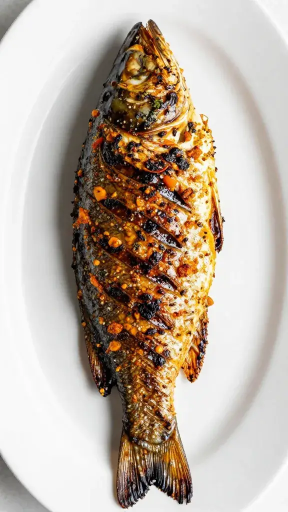 whole grilled branzino with chermoula glaze, tight crop