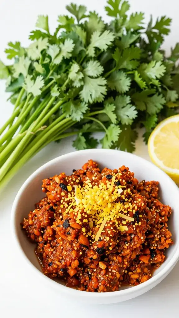 cilantro and parsley bunches beside lemon-zested chermoula