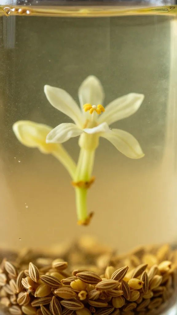 cumin seeds blooming in lemon juice, macro shot