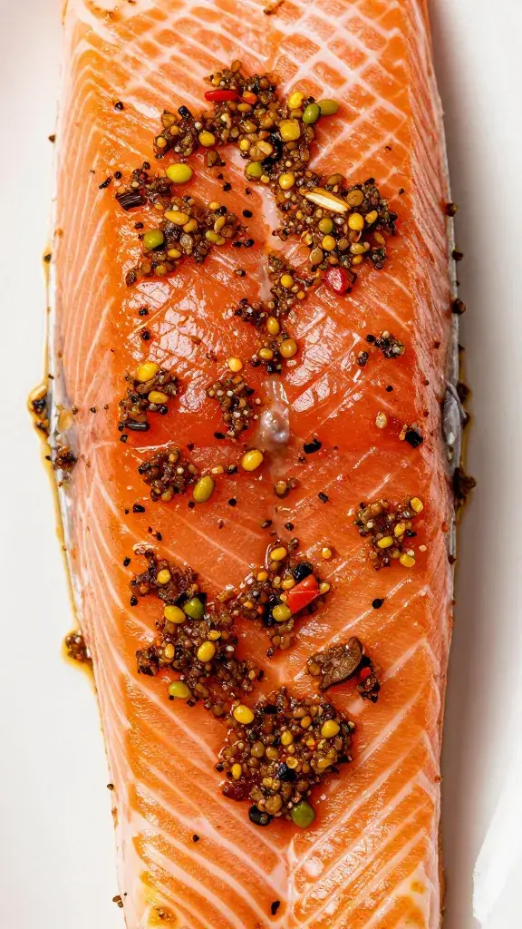 raw salmon fillet coated in chermoula, overhead closeup