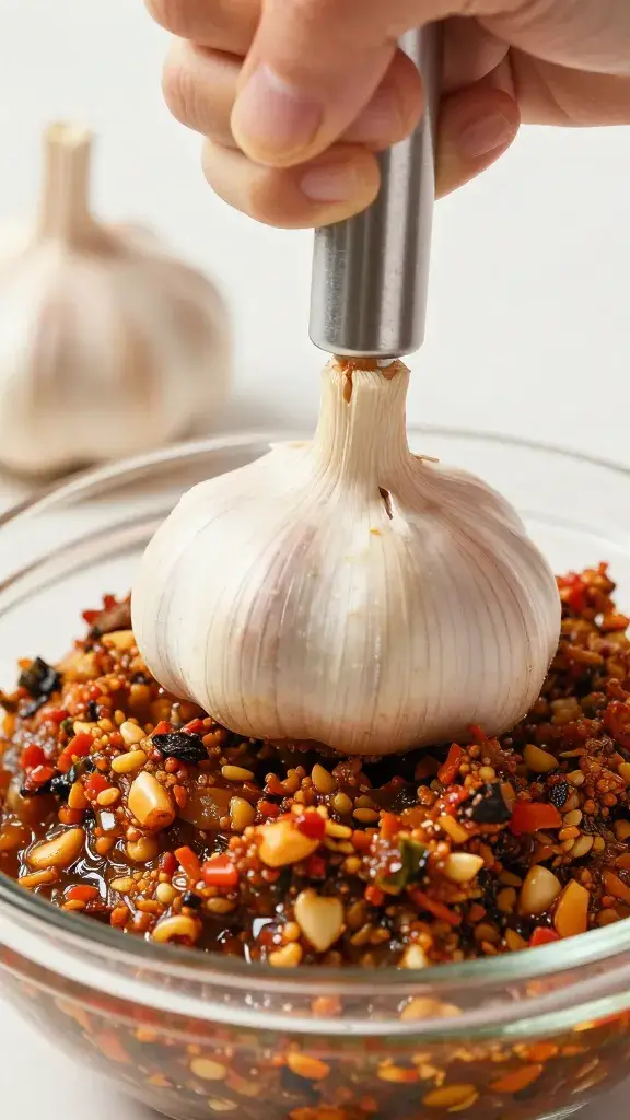 pestle pressing garlic into chermoula paste, tight detail