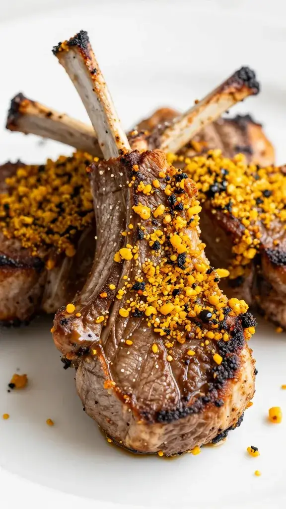 seared lamb loin medallion with chermoula crust, closeup