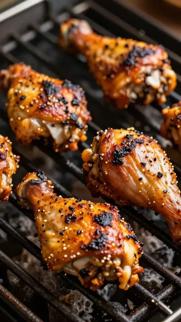 Closeup of tandoori-marinated chicken thigh on grill grates