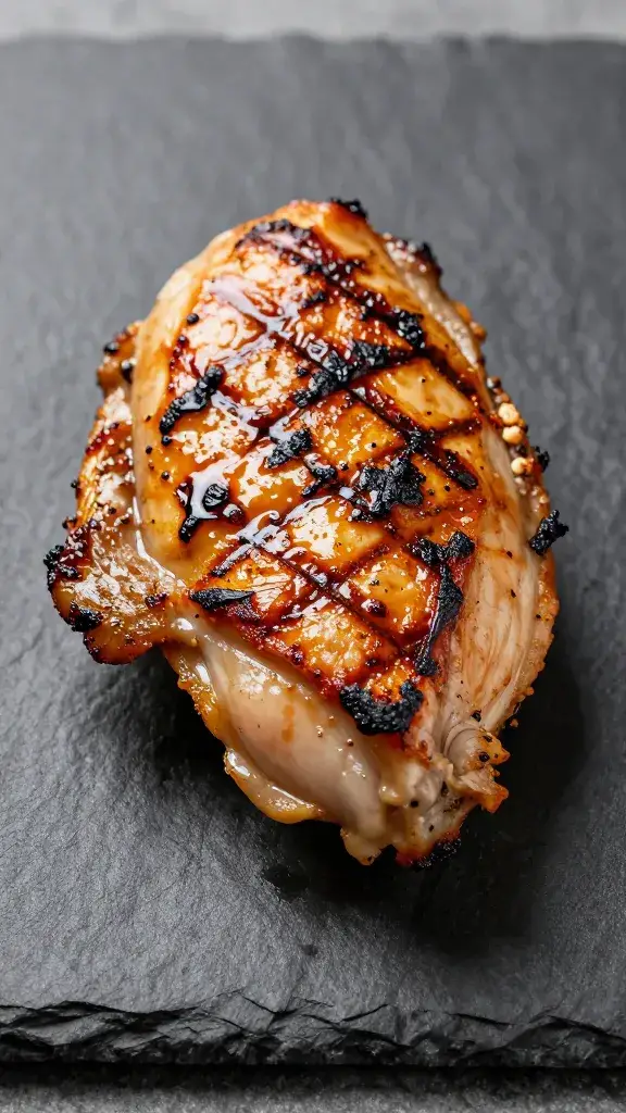 Single grilled chicken thigh with charred edges on slate plate