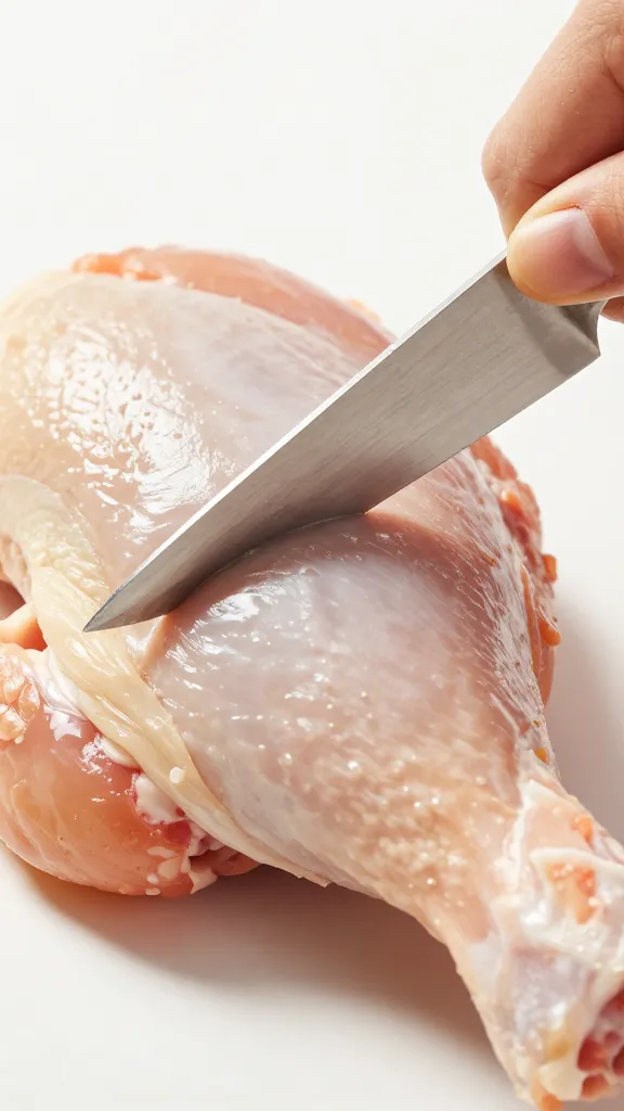 Hand scoring a raw chicken thigh with knife, macro