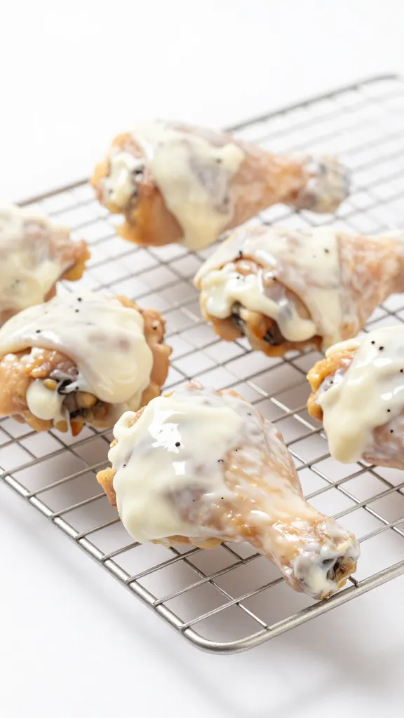 Yogurt-coated chicken thigh on wire rack, studio lighting