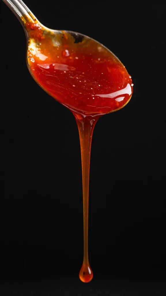 Spoon dripping bright red tandoori marinade, black background