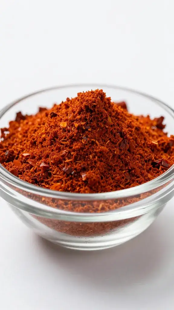 Small glass bowl of Kashmiri chili powder, close macro