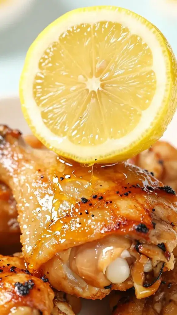 Lemon half squeezed over grilled chicken thigh, closeup