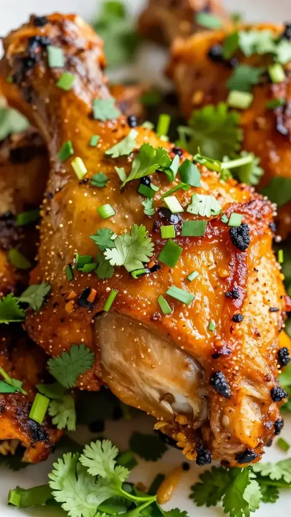 Freshly chopped cilantro on tandoori chicken thigh, macro shot