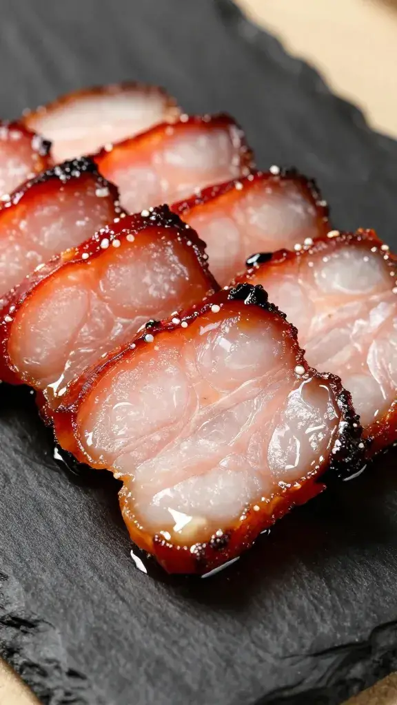 closeup glazed char siu pork belly slice on black slate