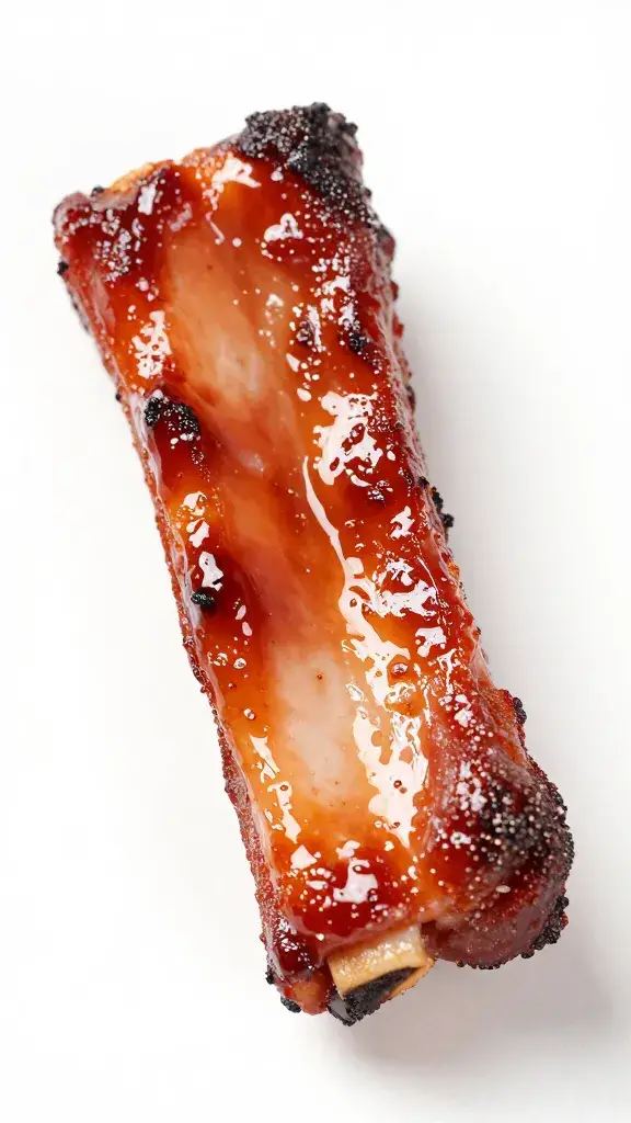 single lacquered pork rib with char siu glaze, macro