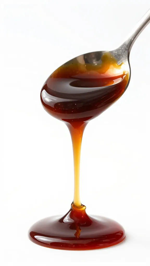 spoon dripping glossy char siu sauce, white background