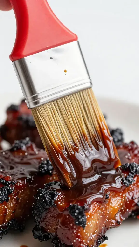 pastry brush glazing rib with char siu sauce, closeup