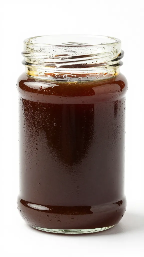 glass jar of char siu sauce with condensation, studio