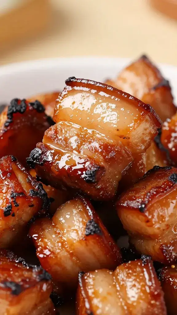 caramelized pork belly cube, charred edges, tight shot