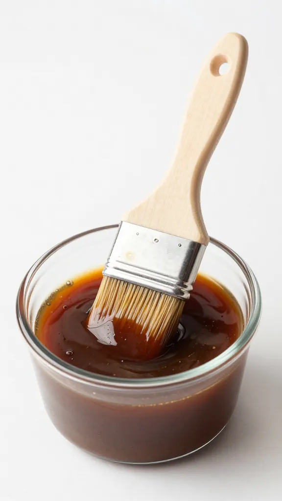 char siu sauce-coated basting brush resting on rim