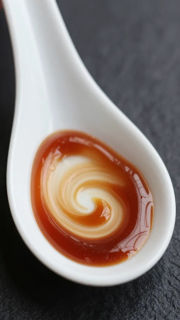 thick char siu glaze swirl on porcelain spoon, macro