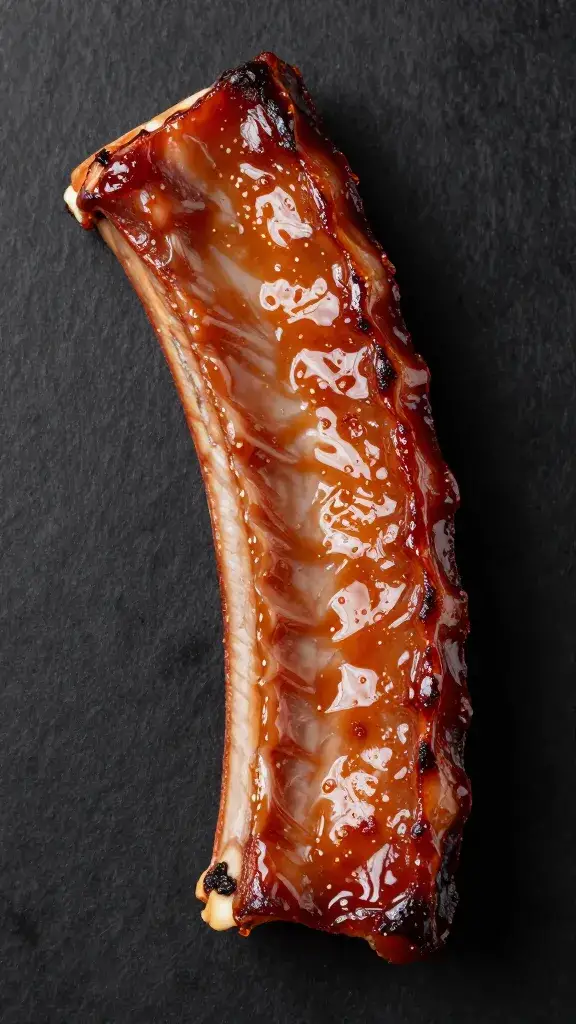 single rib cross-section, sticky glaze sheen, dark backdrop