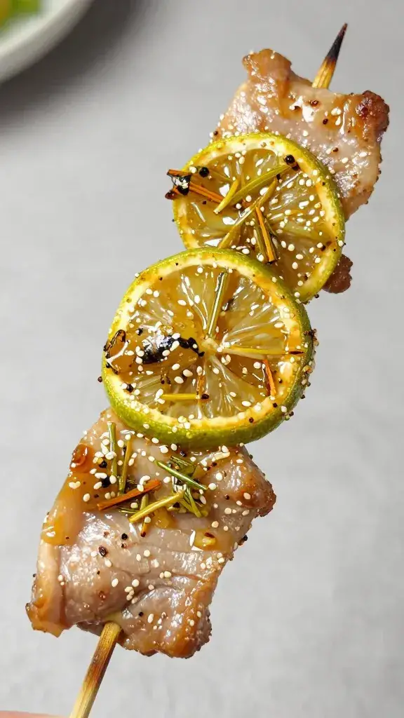 Closeup pork skewer brushed with lemongrass marinade