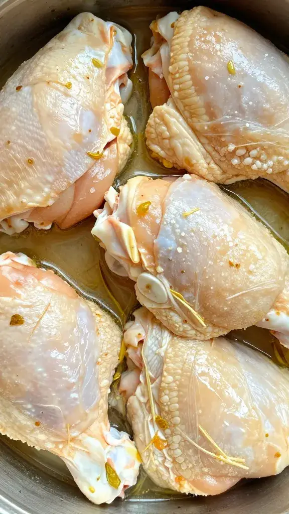 Raw chicken thigh coated in lemongrass marinade, overhead