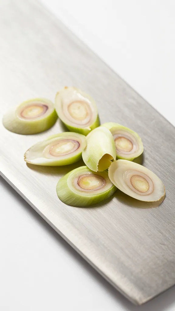 Finely minced lemongrass on chef’s knife blade