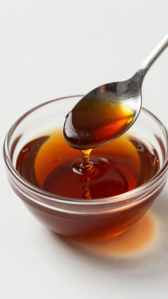 Spoonful of fish sauce glistening in small glass bowl