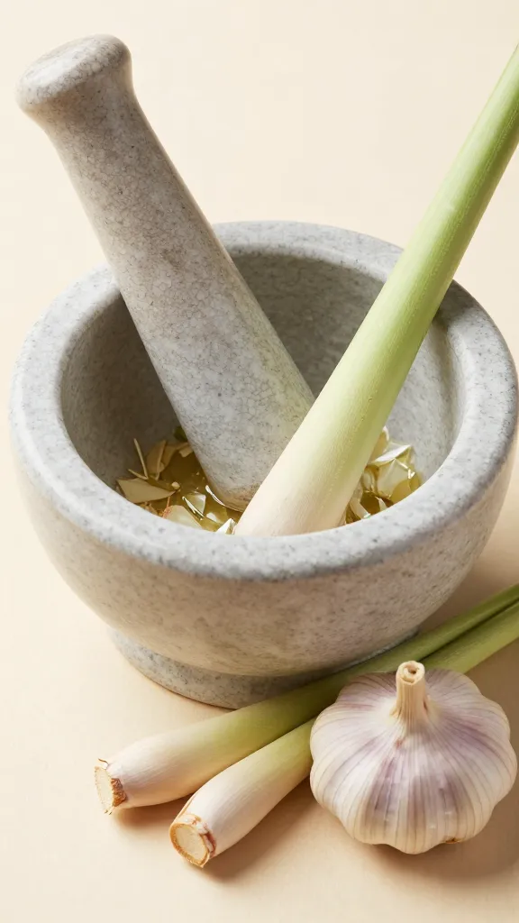 Mortar and pestle crushing lemongrass and garlic