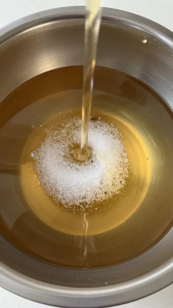 Sugar dissolving into marinade in stainless bowl