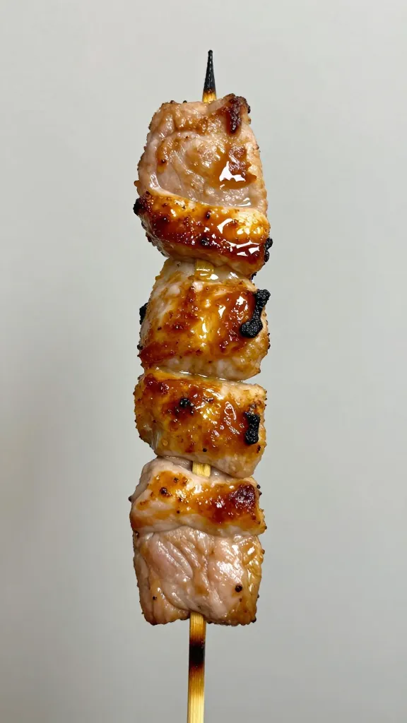Single grilled pork skewer with caramelized edges