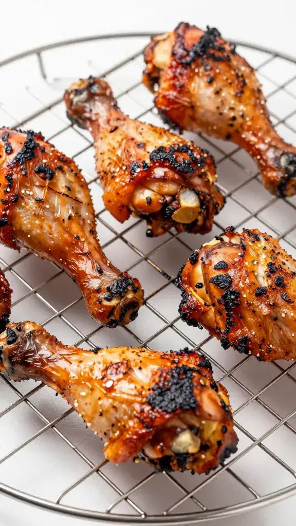 Charred chicken thigh resting on wire rack