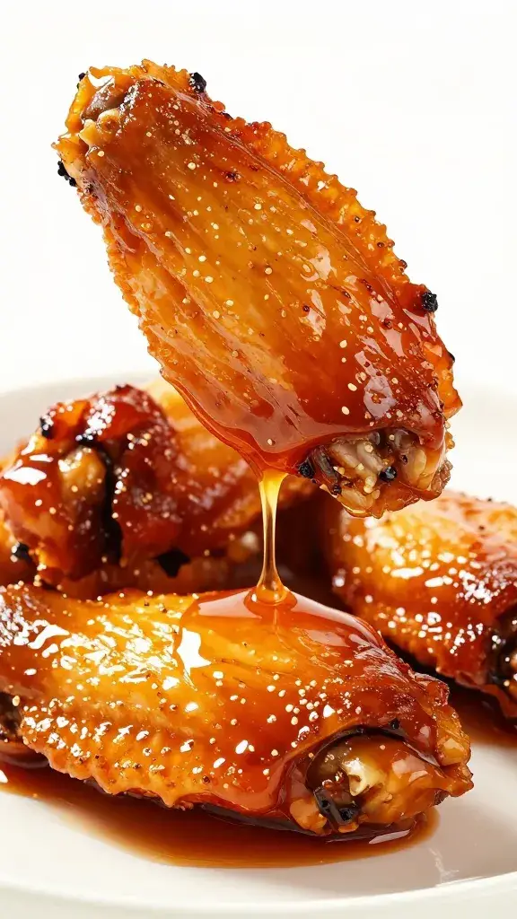 Glazed peri-peri chicken wing, dripping sauce, macro