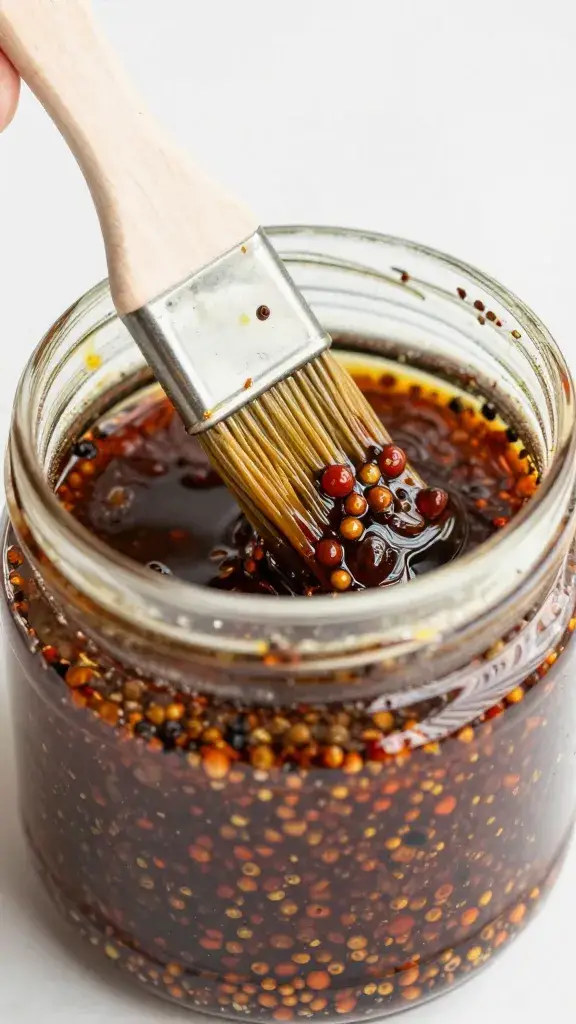 Jar of peri-peri marinade with basting brush, closeup