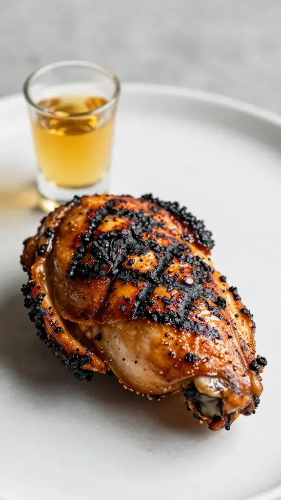 Single grilled chicken thigh with smoky char, hero shot