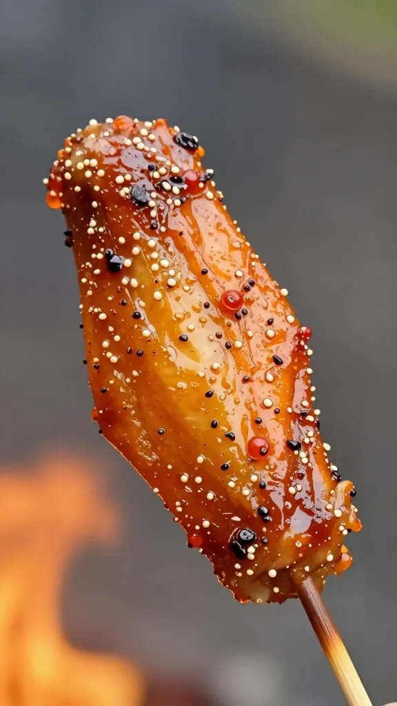Peri-peri brushed wing over live fire flare, closeup