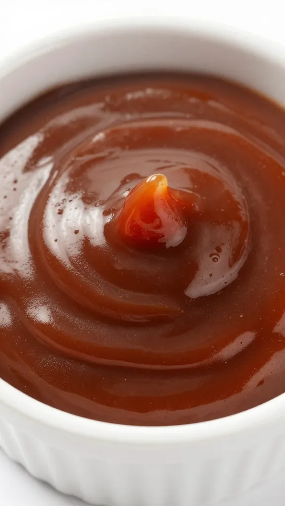 Reserved peri-peri glaze in ramekin, glossy surface, closeup