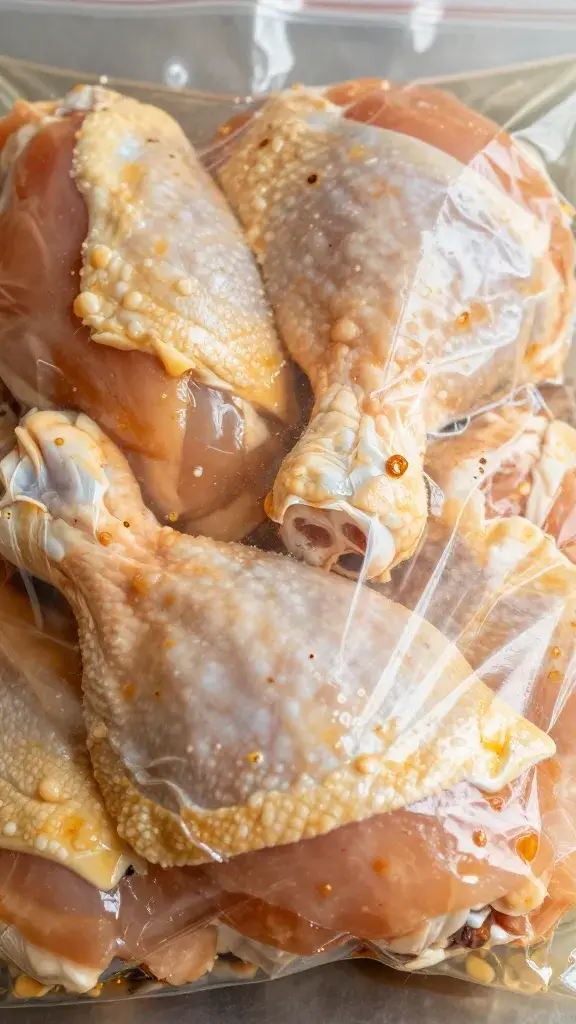 Raw chicken thigh coated in marinade, sealed bag, closeup